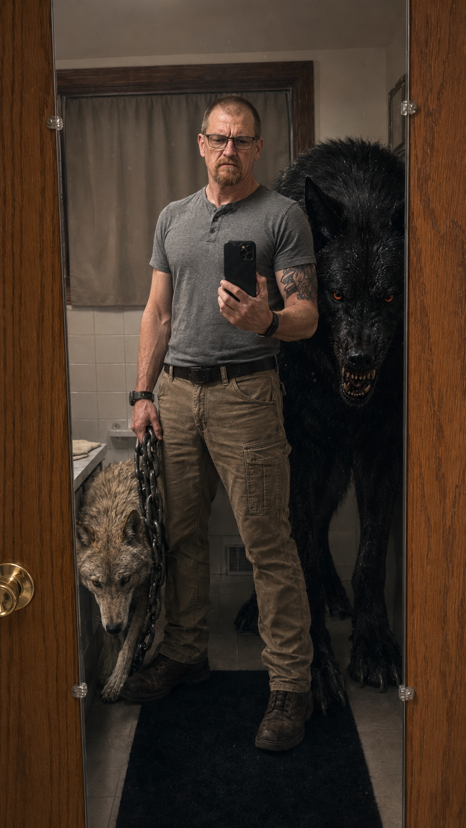A man taking a selfie in a bathroom mirror with two large dogs, a black black wolf and a wolf with a chain, behind him.