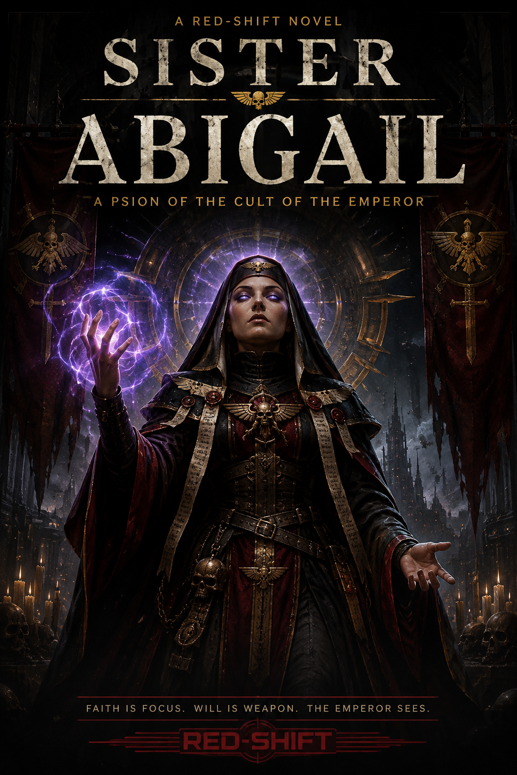 Book cover for 'Sister Abigail', a science fiction novel. Features a dark-haired woman dressed in black and red robes with gold and skull embellishments, holding purple lightning in her hand. Background depicts a dark, gothic cityscape with candles and skulls, and symbols of an emperor's cult.