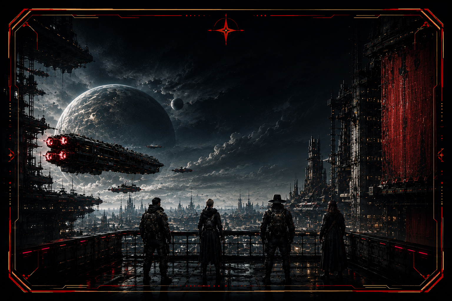 Four individuals standing on a futuristic balcony overlooking a space city with spacecraft and planets in the background.