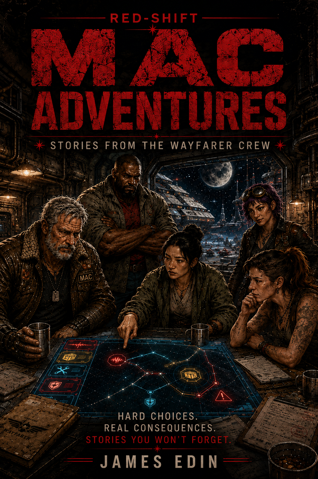 Cover art for 'Red-Shift MAC Adventures' showing five diverse characters gathered around a futuristic table with a star map, spaceship, moon, and planets in the background. The title is bold red text at the top, with subtitle and author's name at the bottom.