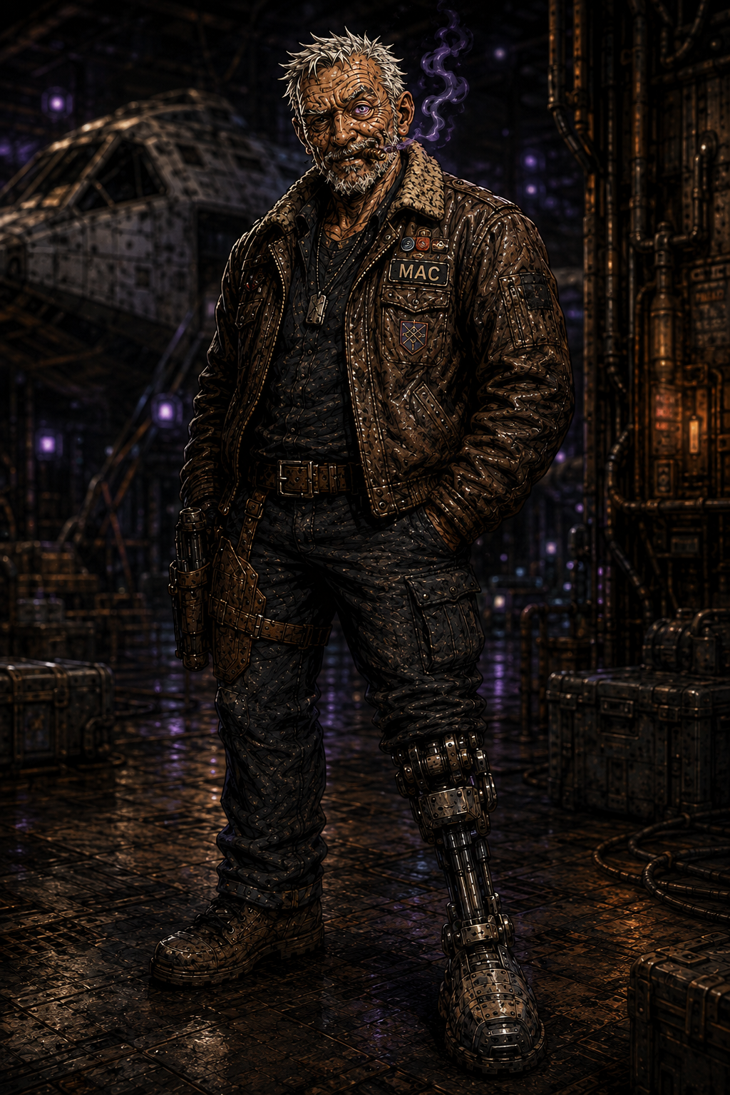 A cyberpunk-style character with a robotic leg standing in a futuristic industrial setting, wearing a leather jacket with patches, and smoking a cigar.