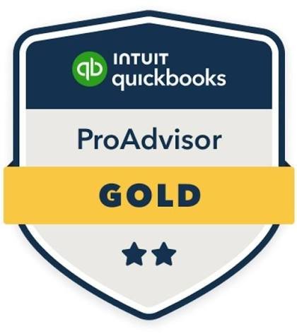 QuickBooks ProAdvisor Gold badge with green and blue logo, yellow banner, and two stars.