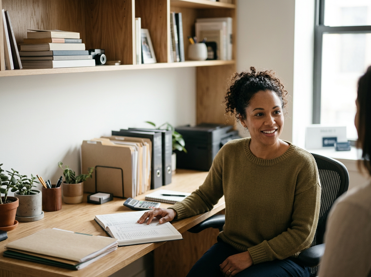 A woman sitting at a desk, smiling and talking to another person. The desk has plants, folders, a calculator, and a notebook. There are shelves with books and a window in the background.