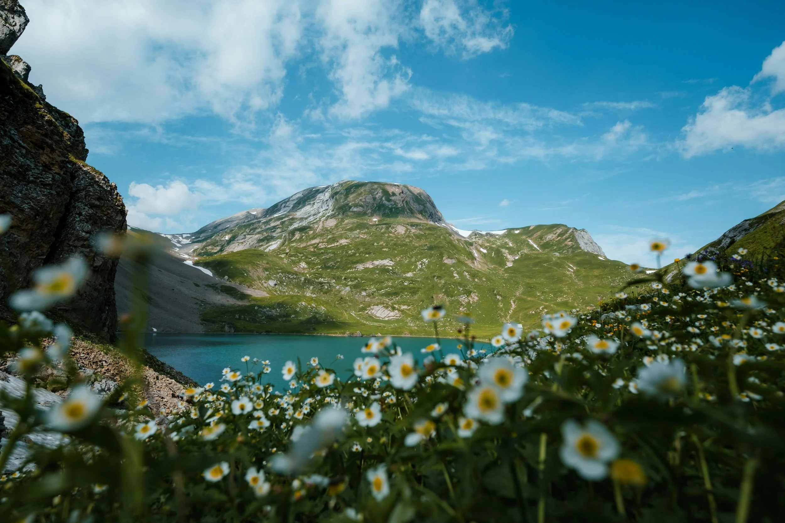 Scenic mountain landscape with a turquoise lake, snow patches on the slopes, wildflowers in the foreground, and a partly cloudy blue sky.