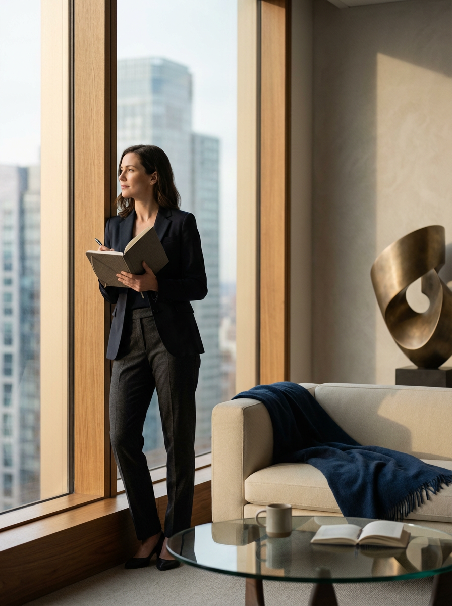 A woman in business attire standing by a large window in a high-rise building, holding a notebook and pen, gazing outside.