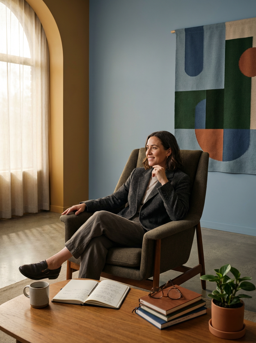 A woman sitting in a comfortable armchair smiling, in a room with a window, a colorful geometric wall hanging, a table with a mug, an open notebook, and a stack of books with glasses and a potted plant.