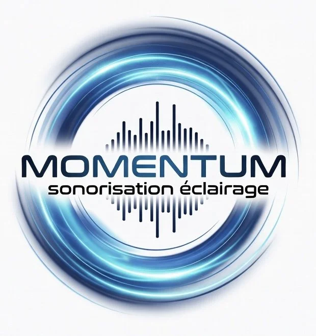 Logo de Momentum avec un cercle lumineux bleu et noir, une onde sonore au centre, et le texte "MOMENTUM sonorisation éclairage".