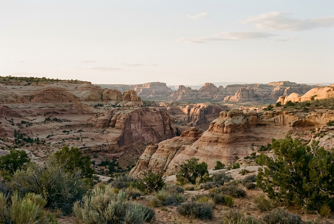 Layered red-rock cliffs and sagebrush in Southern Utah at golden hour.