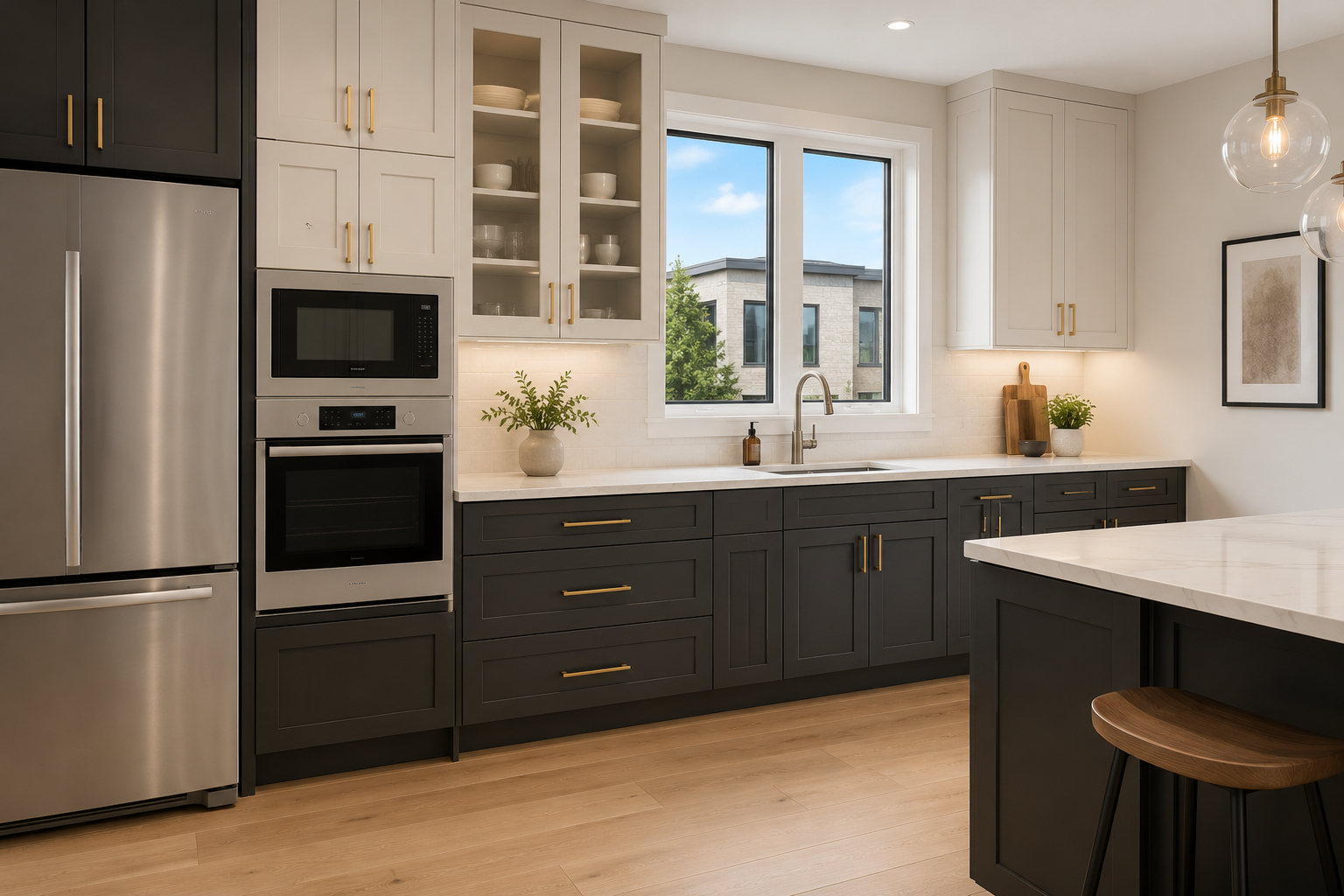 Modern kitchen with black lower cabinets, white upper cabinets, stainless steel appliances, and a window above the sink. Decor includes potted plants and wall art.