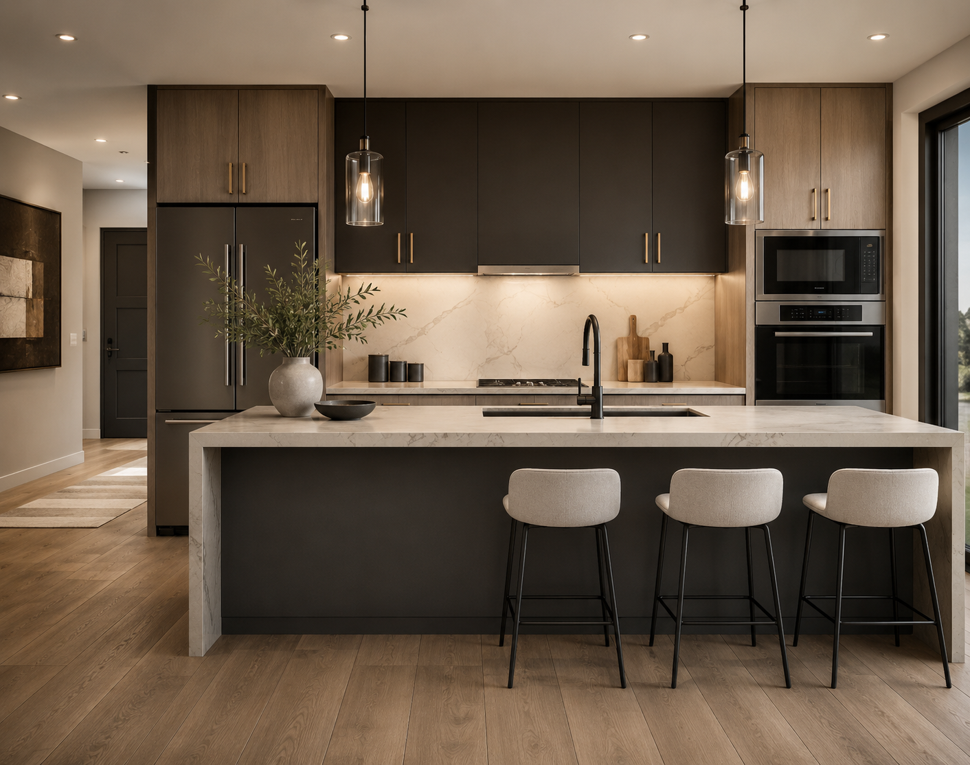 Modern kitchen with black and natural wood cabinetry, white marble countertops, and a marble backsplash. Features a black faucet, built-in microwave and oven, and a large island with seating for three. Decor includes a potted plant, black bowls, and kitchen utensils, with pendant lights hanging above the island. Large window on right side.