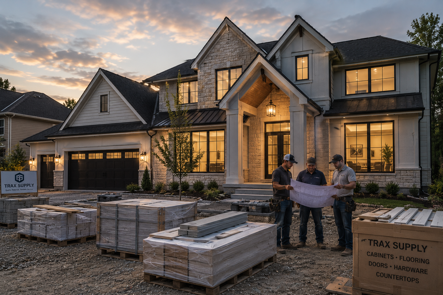 Construction workers reviewing plans in front of a newly built house with lit windows during sunset, surrounded by building supplies and materials.