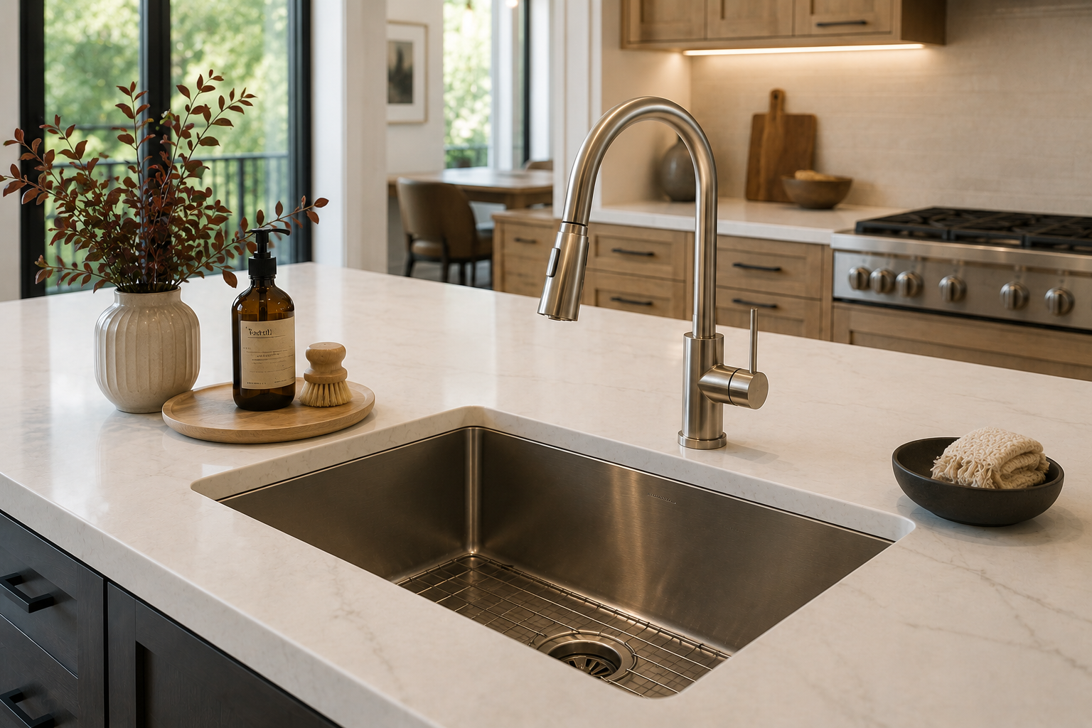 Modern kitchen with a white quartz countertop and stainless steel sink featuring a brushed nickel faucet. Decor includes a ceramic vase with greenery, a soap dispenser, a scrub brush on a wooden tray, and a bowl with a cloth. In the background, wooden cabinets, a stove with oven, and a dining area with chairs are visible.