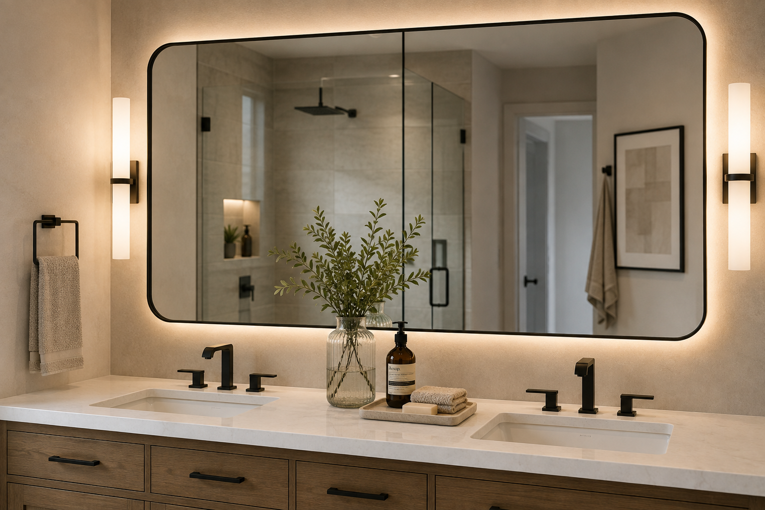 Modern bathroom vanity with two sinks, black fixtures, a large backlit mirror, a glass-encased shower in the background, a towel on a wall-mounted rack, a framed artwork, and decorative items including a glass vase with greenery and a soap dispenser.