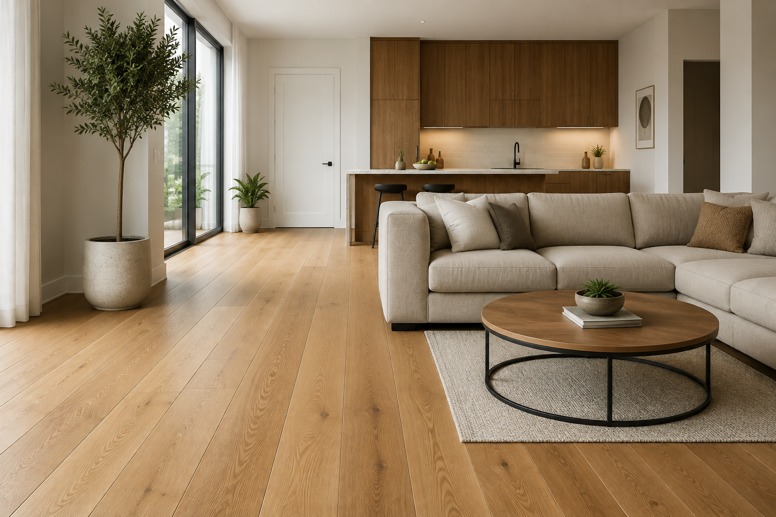Modern living room with beige sectional sofa, round wooden coffee table with plant, hardwood floors, large window with sliding glass door, potted plants, kitchen with wooden cabinets and black faucet.