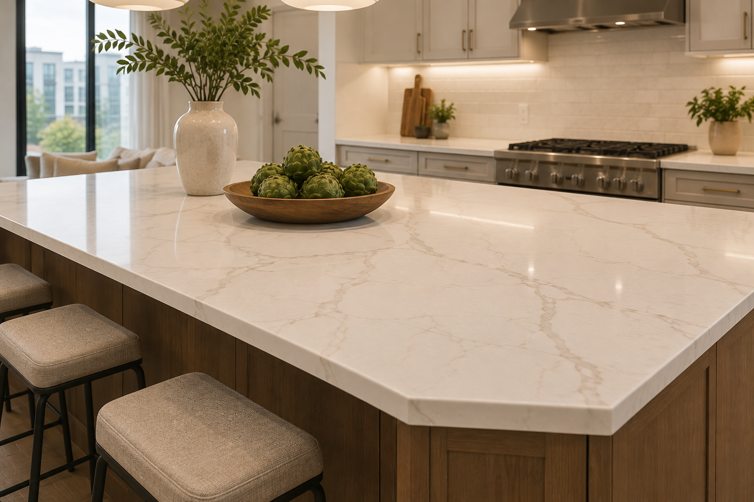 A modern kitchen with a large white marble island, a wooden bowl of artichokes, a tall white vase with greenery, and beige stools. In the background, there are white cabinets, a stainless steel stove, and potted plants.