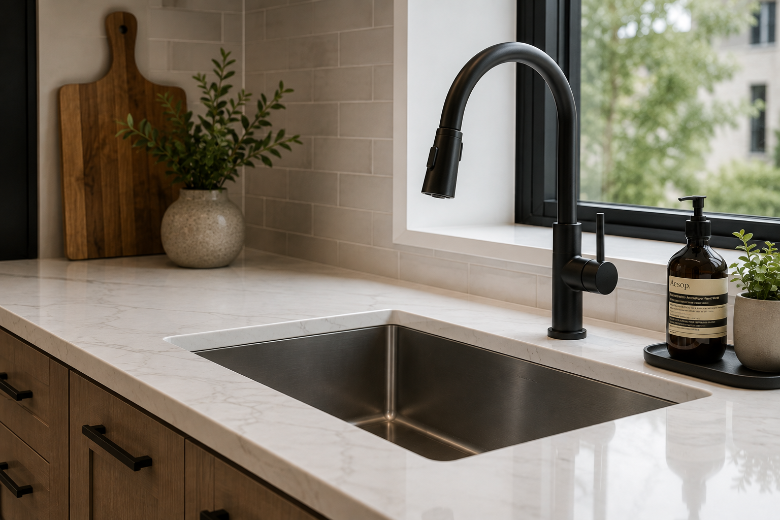 Modern kitchen sink with black faucet, a soap dispenser, and potted plants on a marble countertop by a window.