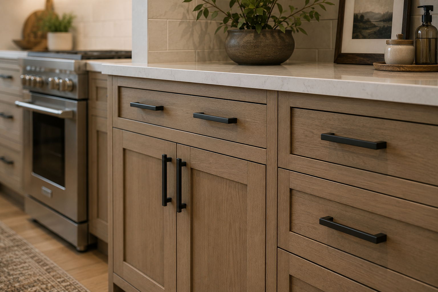Close-up of modern kitchen cabinets with black handles, a white countertop, a potted plant, and decorative items on the counter.