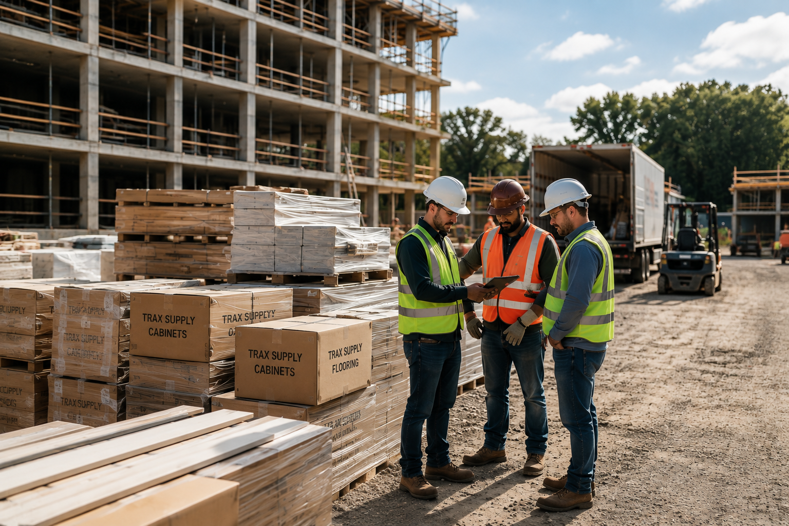 Three construction workers in safety gear standing near stacked supplies and a partially built multi-story structure, discussing plans on a tablet.