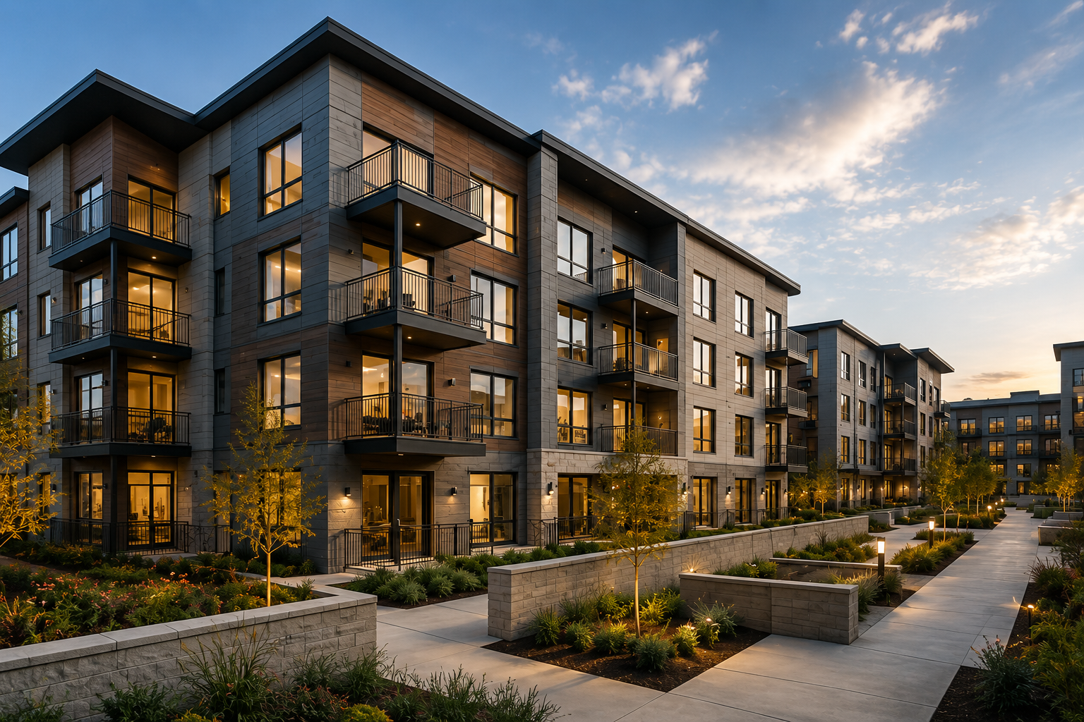 Modern apartment complex with balconies, landscaped walkways, and illuminated outdoor lighting at sunset.