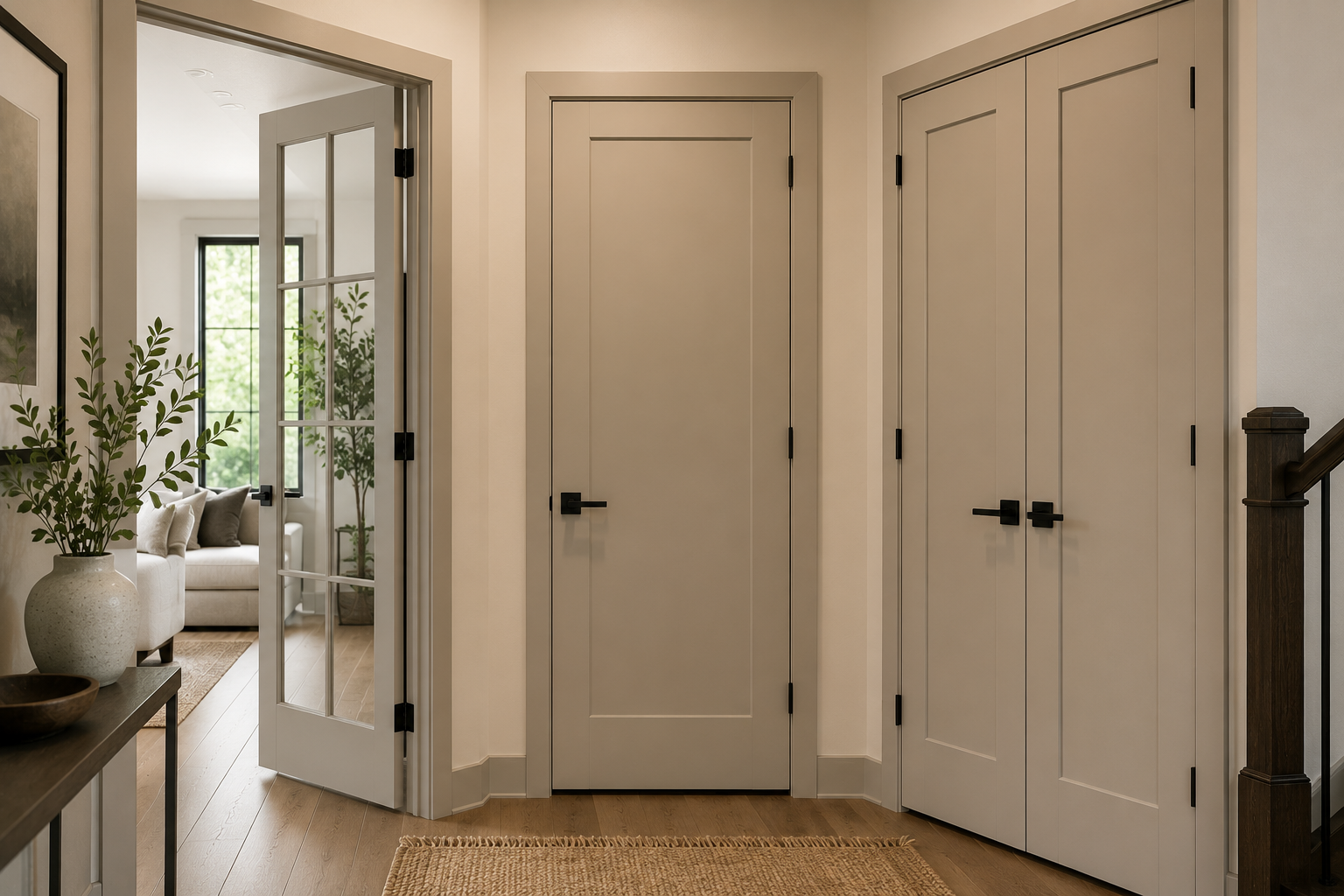 Entryway with three closed beige doors, a glass-paneled door open to a living room with a couch, large windows, and green plants.