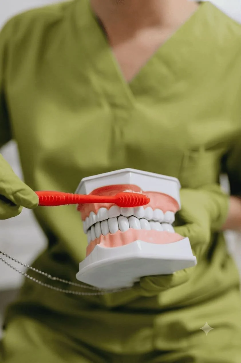 A dentist in green scrubs holding a model of a set of teeth.