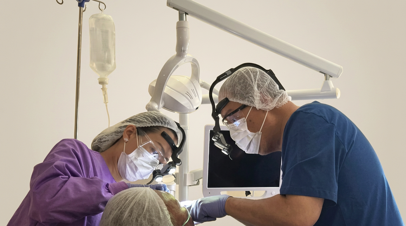 Two dental professionals in scrubs, wearing masks, gloves, and magnifying loupes, performing dental surgery on a patient in a clinical setting with dental equipment and monitors.