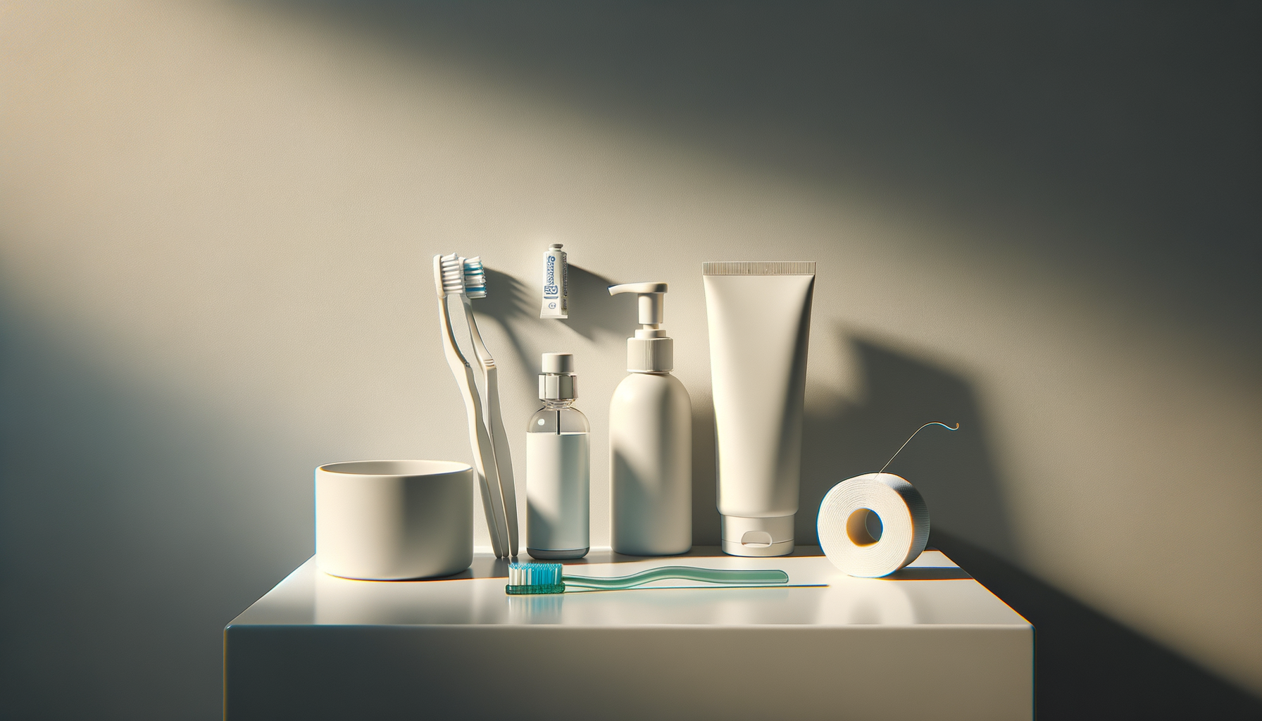 Toothbrush, toothpaste, mouthwash, lotion, face wash, dental floss, and a bowl on a white surface with shadows and soft lighting.