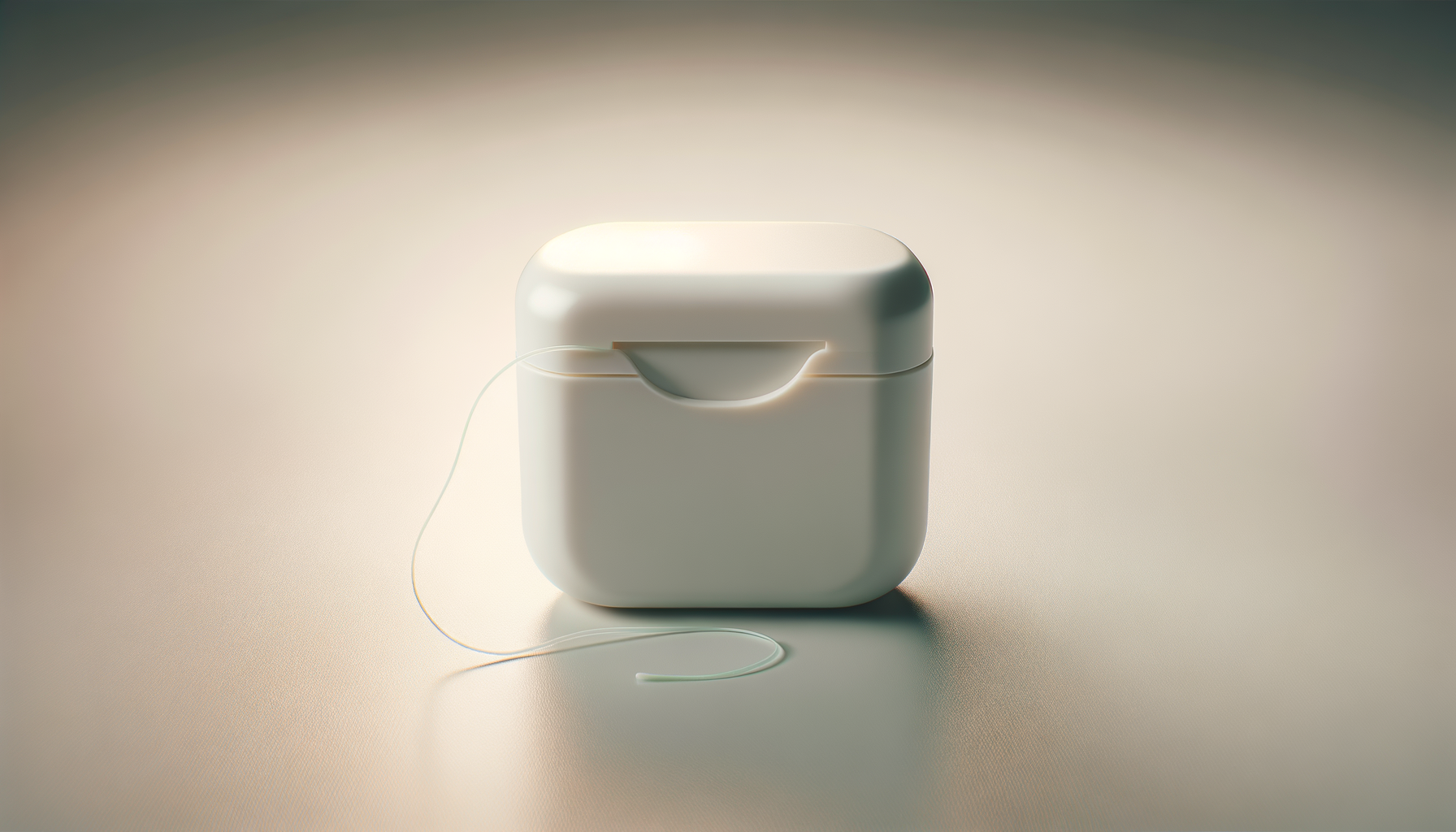 White wireless earbuds case with a lid slightly open, resting on a smooth surface, with a white earbud cord loosely draped in front.
