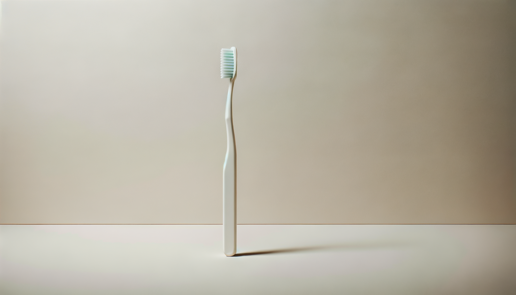 A white toothbrush standing upright against a plain light-colored background.