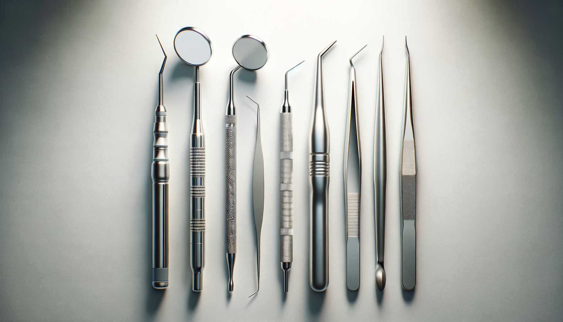 Collection of dental tools including mirrors, probes, tweezers, and dental scalers on a light background.