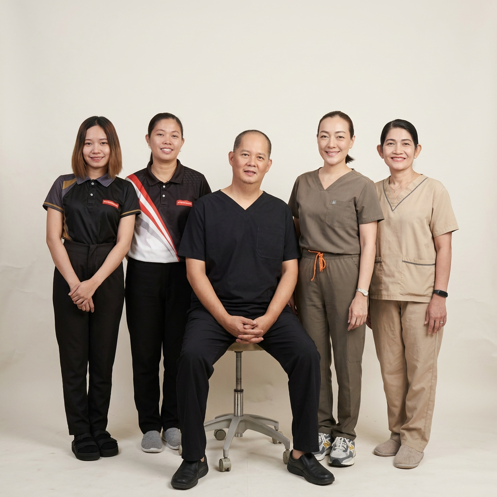 Group of five medical professionals, including a man seated in the center, posing against a plain background.