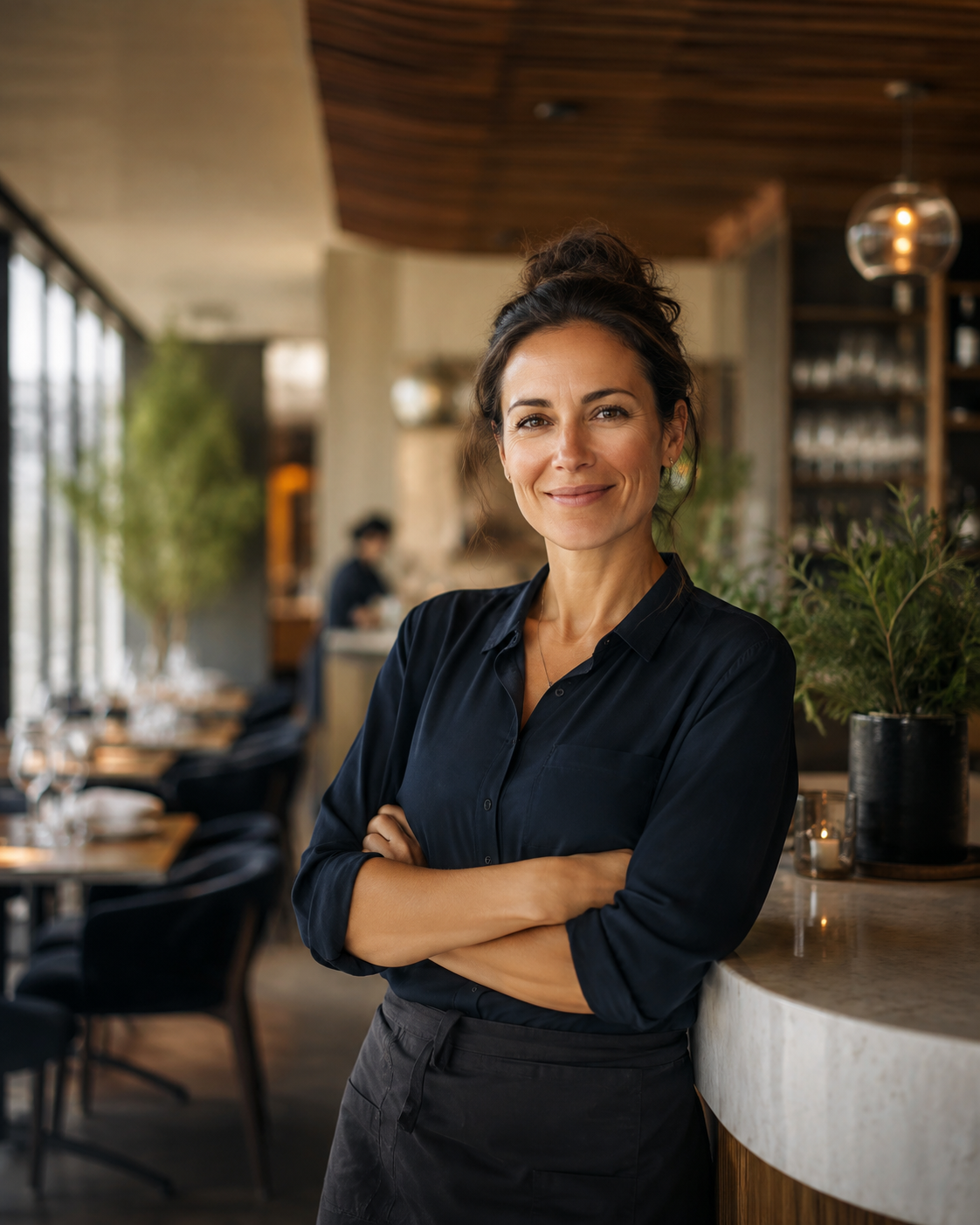 A woman with dark hair tied in a bun, smiling, standing with arms crossed in a restaurant or cafe setting.