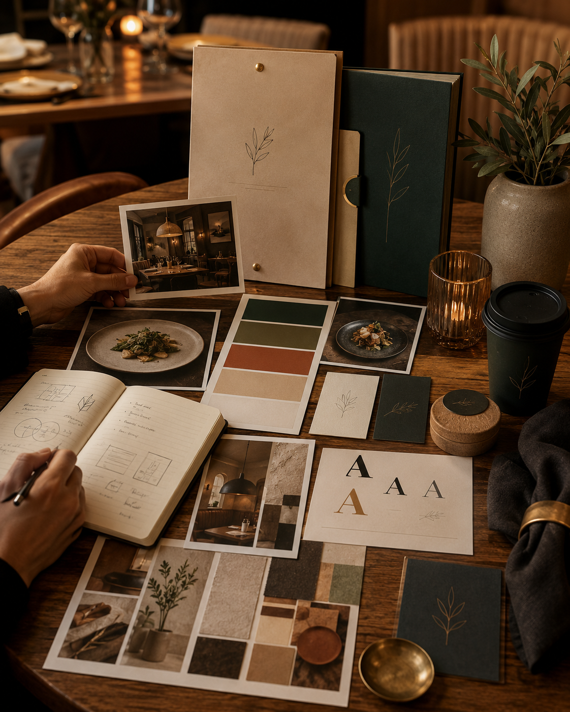 A person working on interior design or branding project at a wooden table, surrounded by mood boards, color swatches, photographs of interior spaces, sketches, and sample materials. There are notebooks, color palette sheets, a coffee cup, a glass, a plant in a pot, and decorative folders on the table.