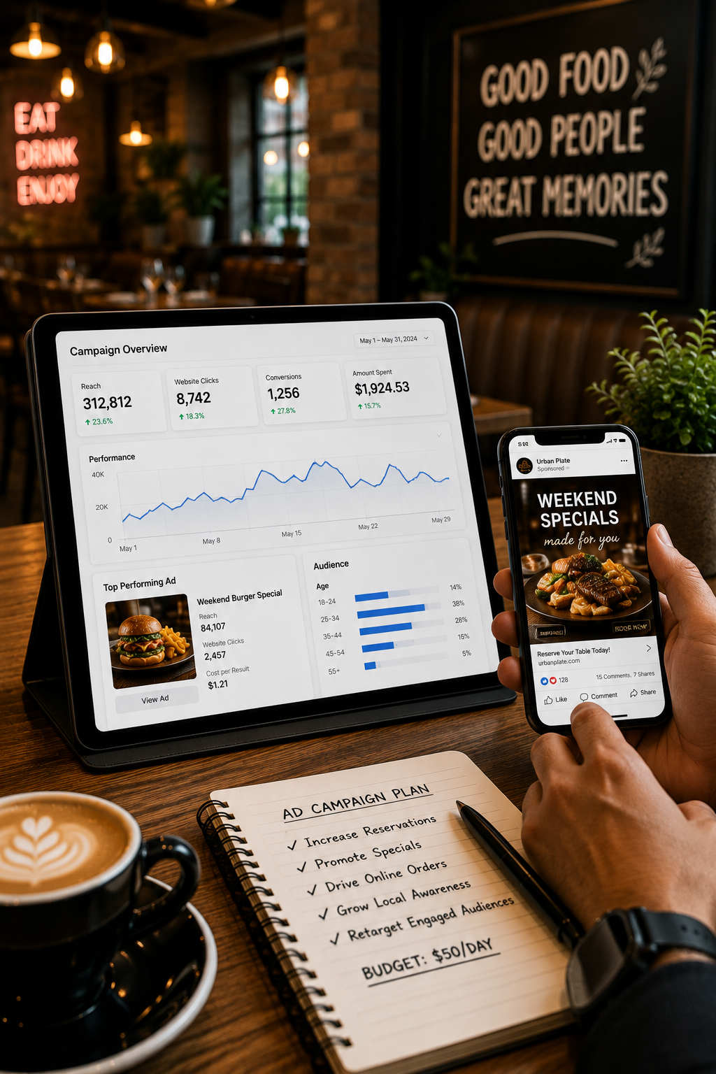 A person holding a smartphone displaying weekend specials for a restaurant, with an image of a burger and the text 'Weekend Specials made for you'. On the table, there's a notebook with an ad campaign plan, a pen, and a cup of coffee with latte art.