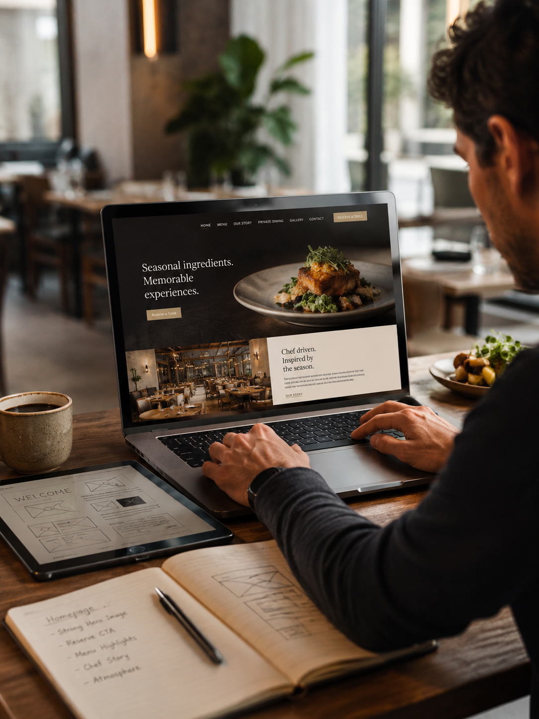 A man sitting at a desk in a restaurant or cafe, using a laptop to view a restaurant website with a picture of a plated meal. On the desk, there is a coffee mug, a tablet displaying wireframes, an open notebook with handwritten notes, and a pen.