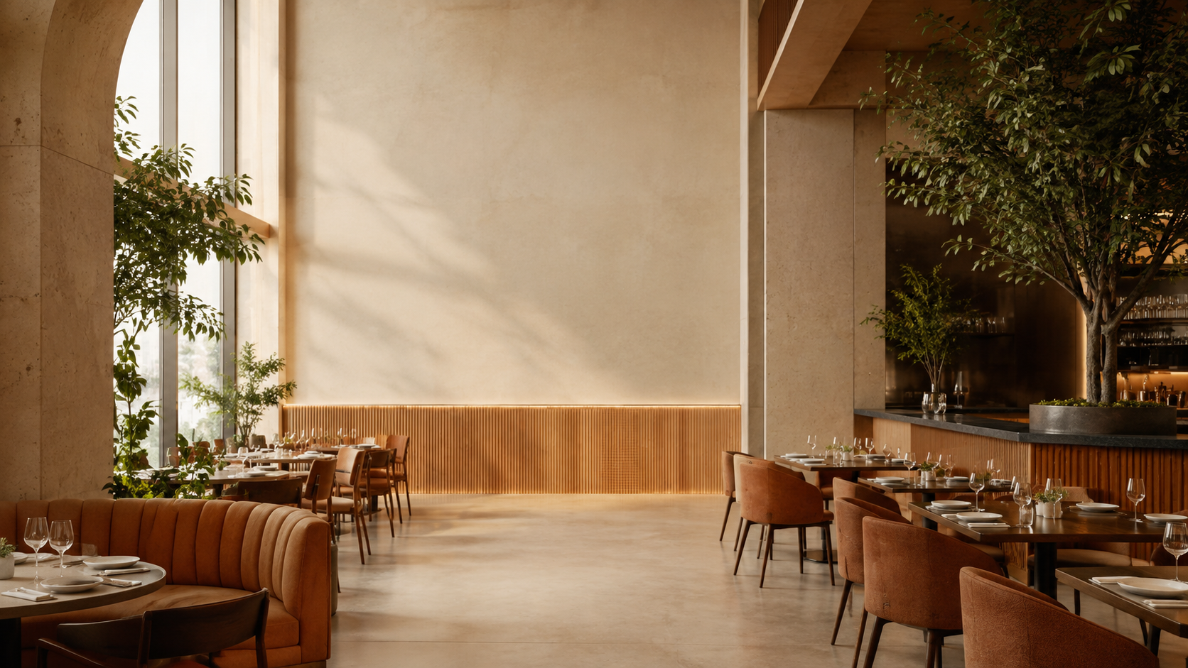Interior of a modern restaurant with large windows, wooden furniture, greenery, and warm lighting.