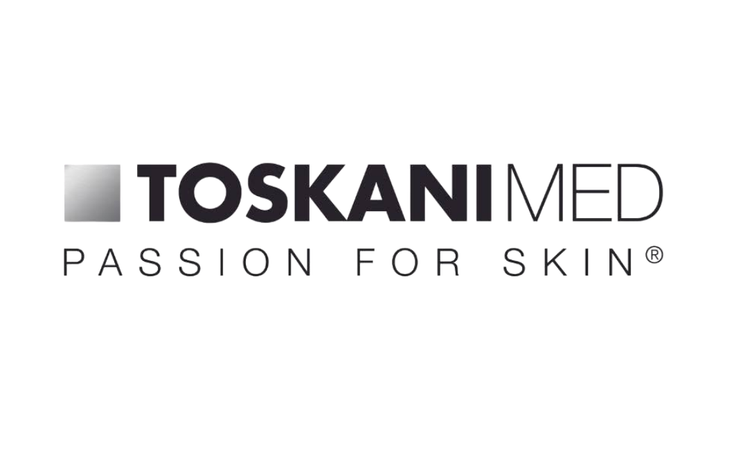 Toskanimed logo with tagline 'Passion for Skin' in black and purple text, featuring a green and purple line detail.