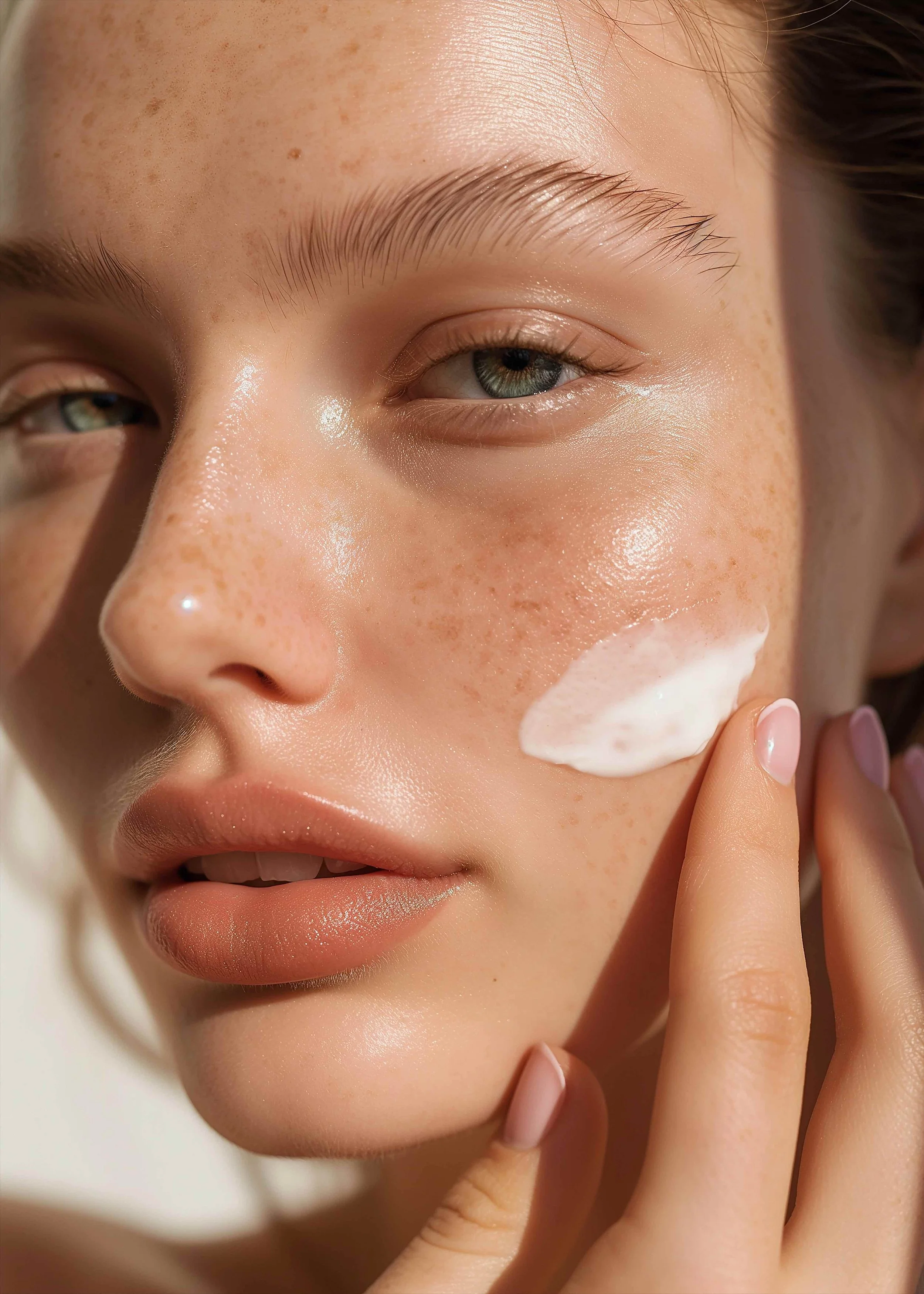 Close-up of a person applying skincare cream to their cheek with a finger.