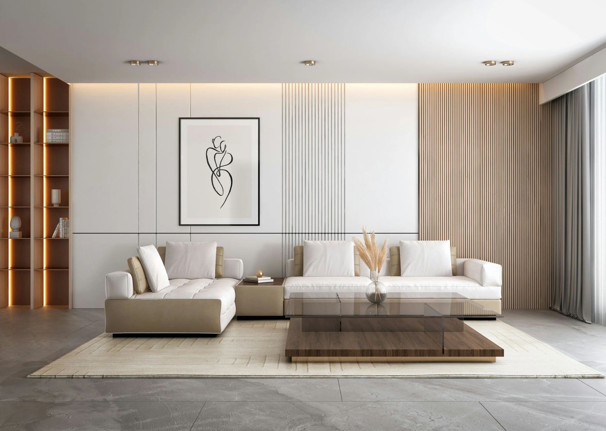Modern living room with white sofa, glass coffee table, beige armchairs, wooden panel wall, abstract art, and built-in shelves with decorative items.