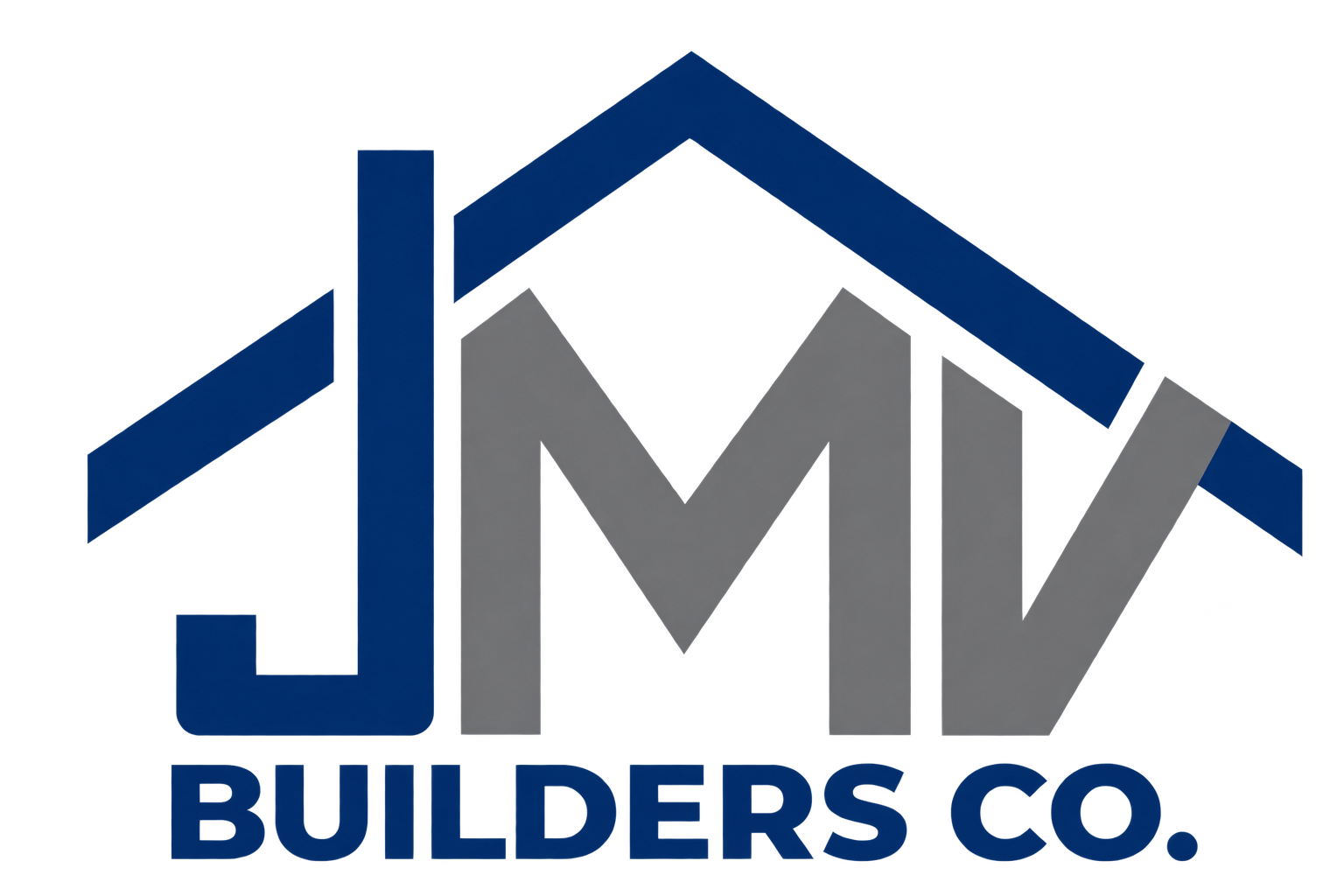 A logo with a blue roof outline, gray and blue lettering spelling out "JMV BUILDERS CO." with the word "BUILDERS" underneath.