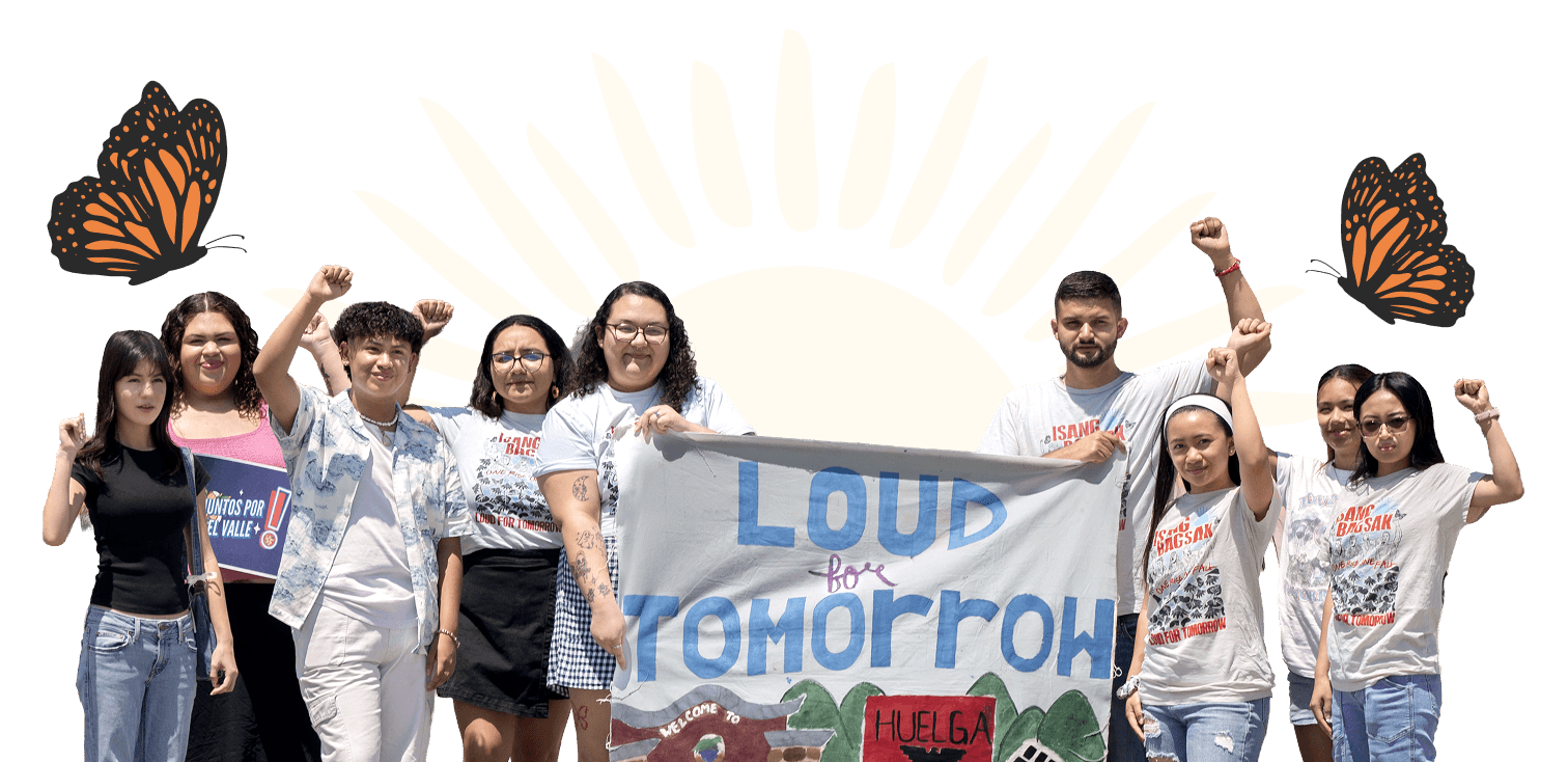 Group of diverse young people protesting with banners and raising fists, standing in front of a large sun graphic and butterfly illustrations.