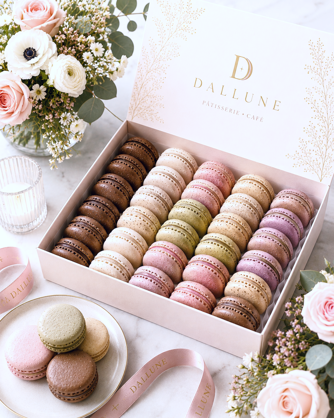 A box of colorful macarons, pastel shades, from Dallune Pâtisserie Café, decorated with flowers and a lit candle.
