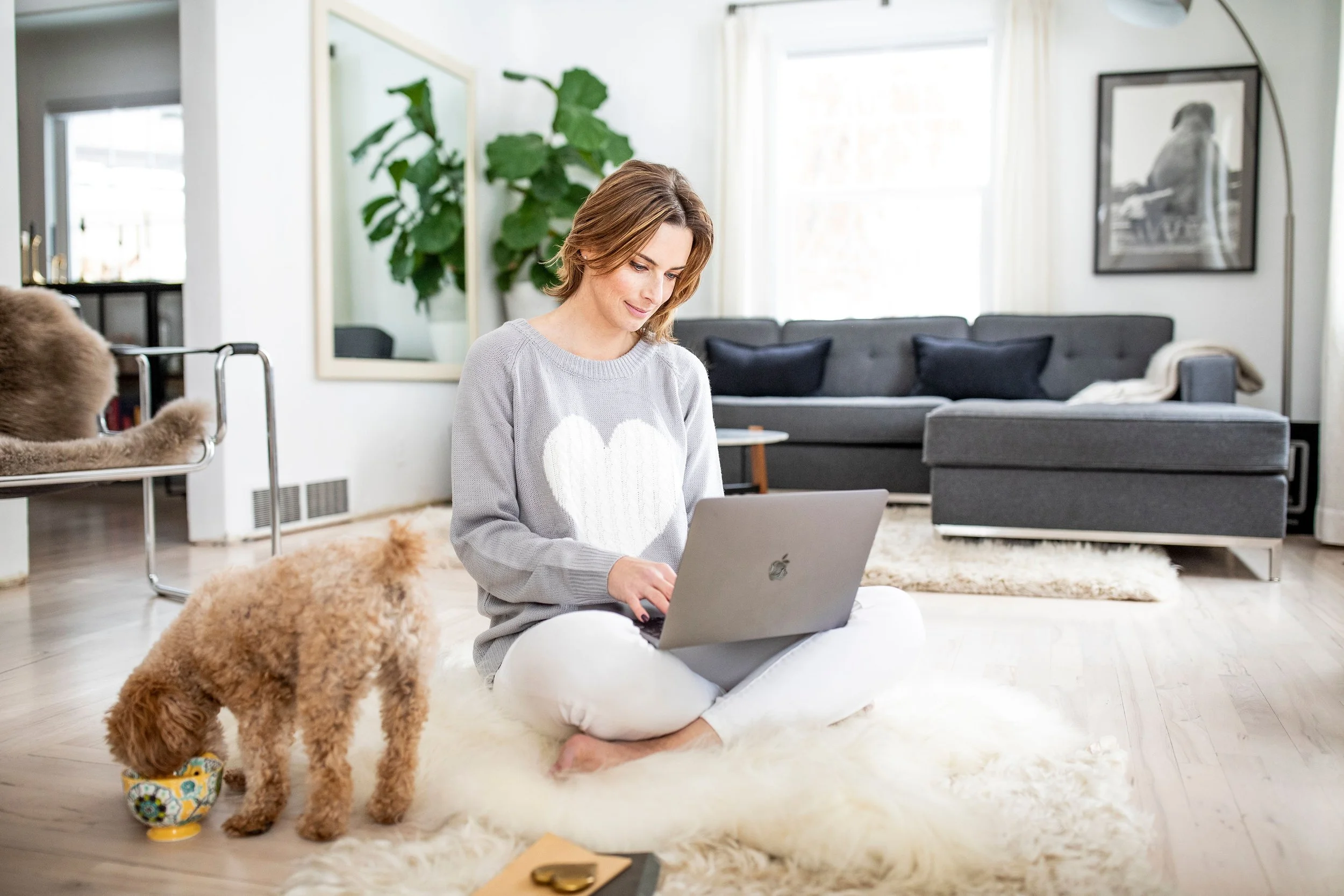 A woman sitting on a white shaggy rug using a laptop in a bright, modern living room. Two dogs, one puppy near her, the other on the left, are in the foreground. The room has a gray sofa, a large plant, and wall art.