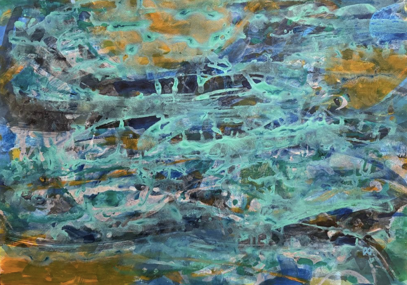 Shining Waters - Capturing the sensations that light and movement on water instil.  Acrylic on paper - 76 x 56 cm
