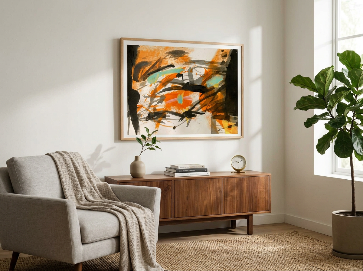 Modern living room with beige armchair, a light brown wooden sideboard, abstract artwork on the wall, a plant in a beige pot, and a large window letting in natural light.