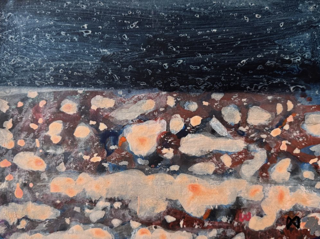 Waters Edge - Where a rocky foreshore and deep water meet, two diverse states, hard and fluid. Acrylic on Paper  30 x 21 cm
