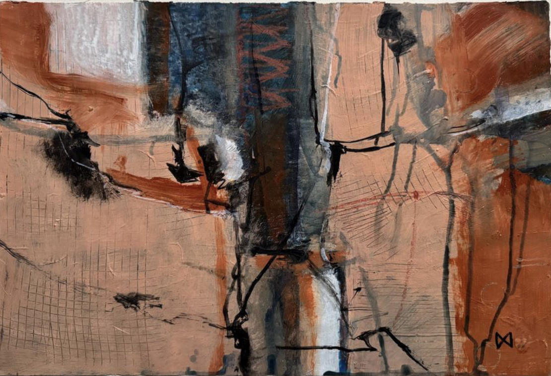 Chasm- Desert red earth country holds an attraction for me in the rock formations and spaces that I sense expand the soul.  Mixed media on paper 69 x 55 cm