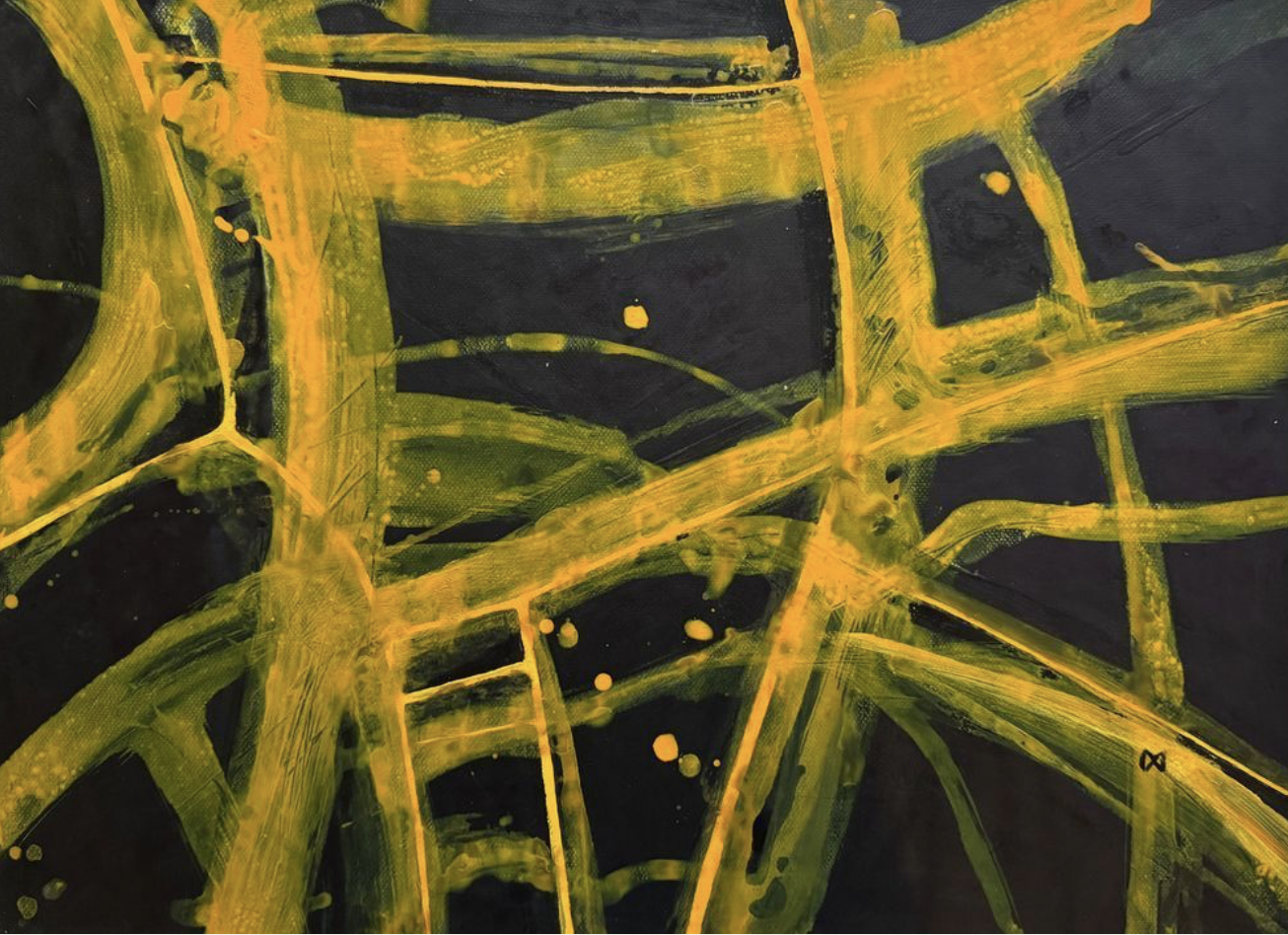 Lit up Pathways -Inspiration from quiet night driving where lights move across the darkness to reveal unexpected patterns. Acrylic on paper - 76 x 56 cm 