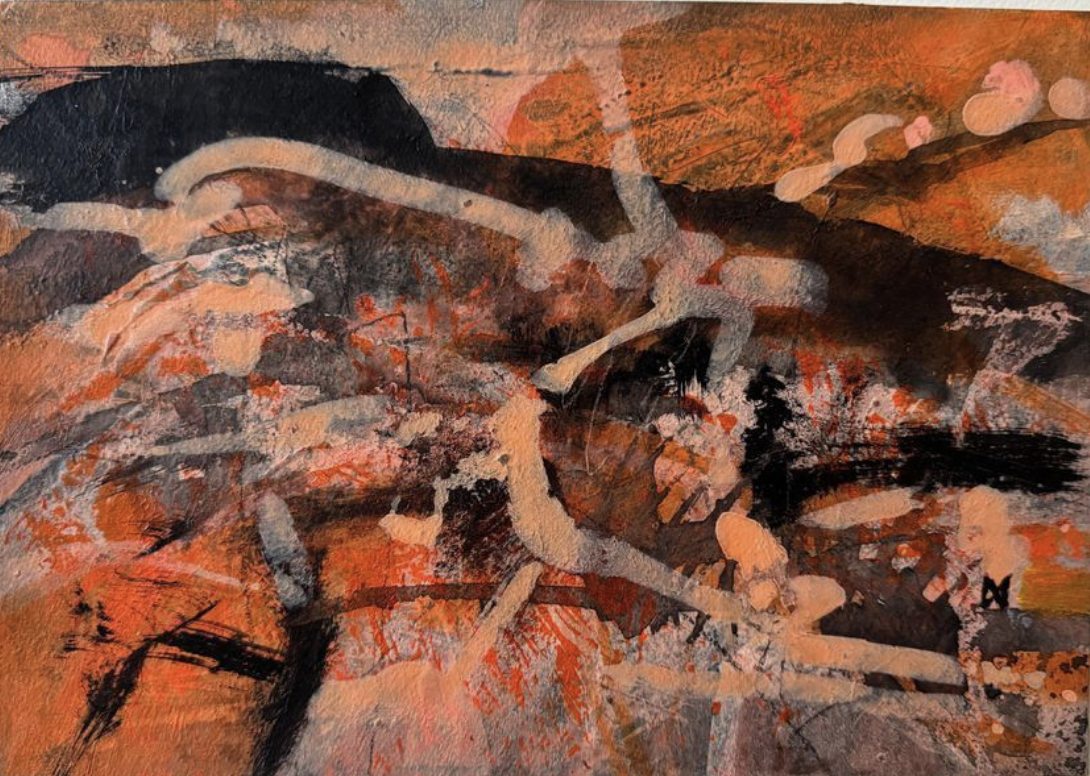 Evening Glow - In the dry winter months there is a particular soft sun glow reflected on the landscape. Acrylic on paper - 30 x 21 cm