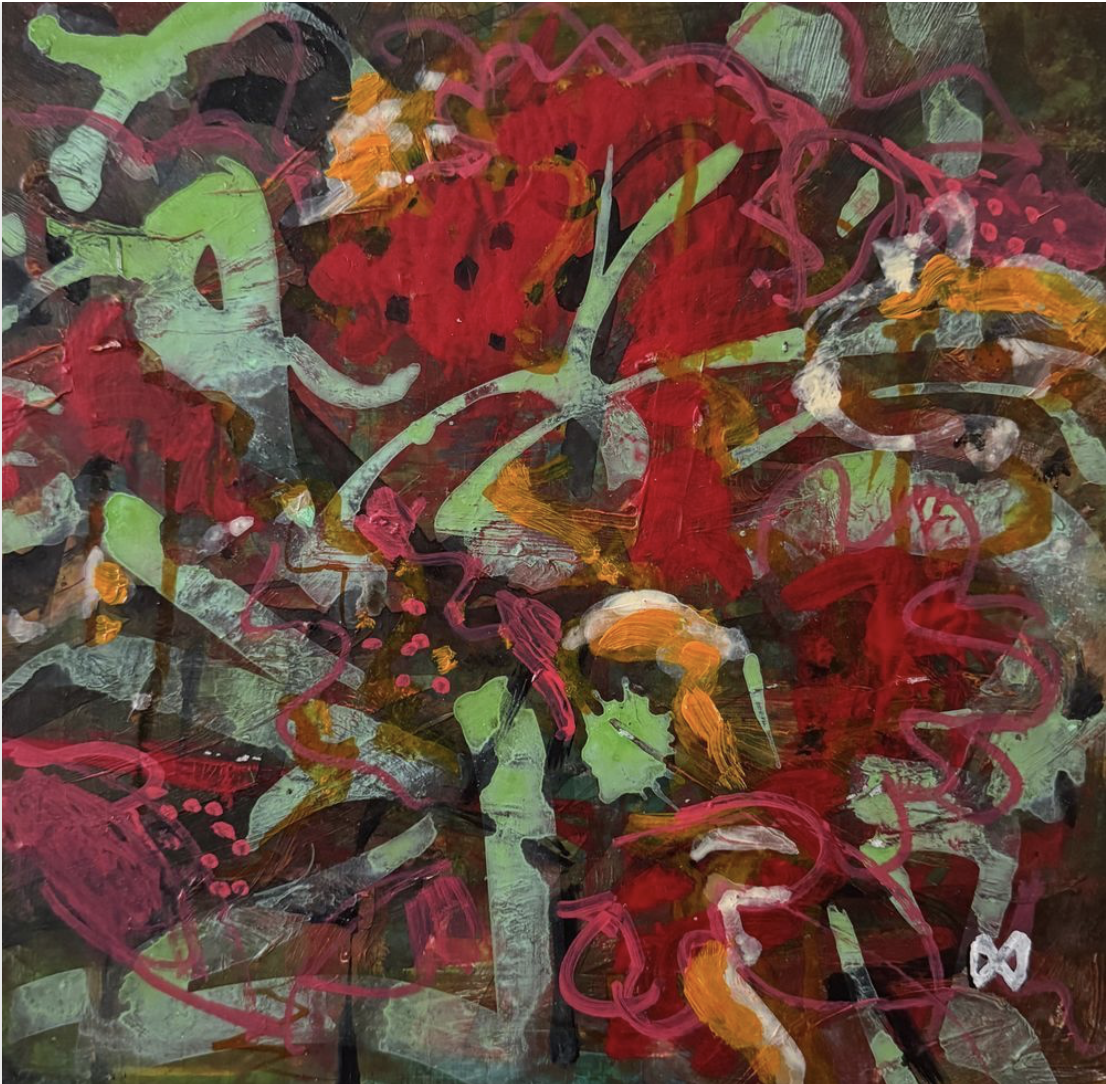 Tropical Garden 1 - After rain there is a riot of vivid colours, yellow, reds, greens, and all the colours in between.  Acrylic on Board 30 x 30 cm 
